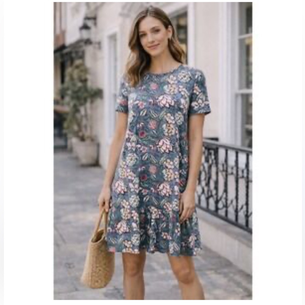 Loft Floral Flounce Swung Steel Blue Dress NWT Sz XL  Ret $60. Great for Travel